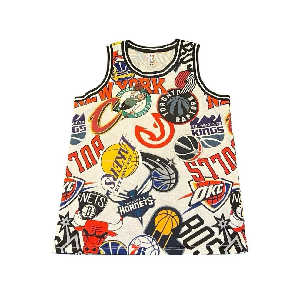 NBA License Authentic Rare White Multi Team Logo Basketball Jersey Size M‎